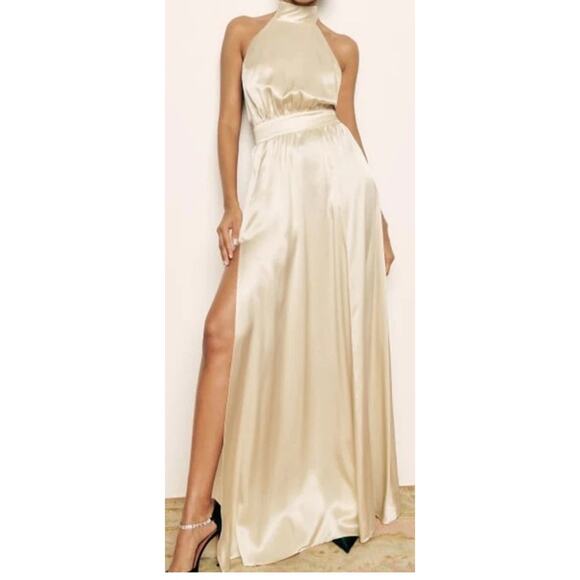 Reformation Alani Silk Maxi Dress Champagne Prom Bridesmaid Greek Goddess Sz 16 - Picture 1 of 16